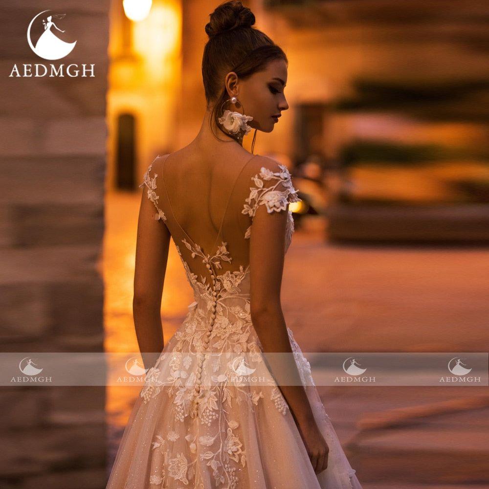 Lynne A-Line Classic Wedding Dress 2022 Sweetheart Cap Sleeve Shiny Court Train - Frimunt Clothing Co.