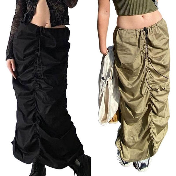 Women's Solid Color Adjustable Elastic Drawstring Ruched Low Waist Long Skirt
