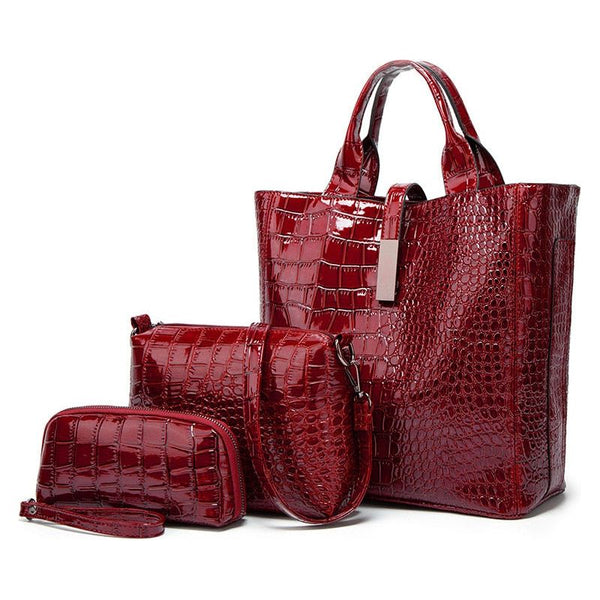 Large Capacity Multi-Functional Handbags 3 Piece Set Croco Pattern Eco Leather