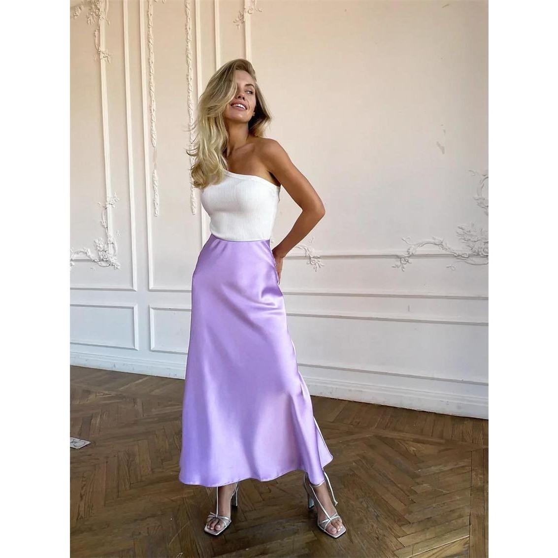 Summer Midi Satin Elegant High Waist A Line Women's Long Skirts - Frimunt Clothing Co.