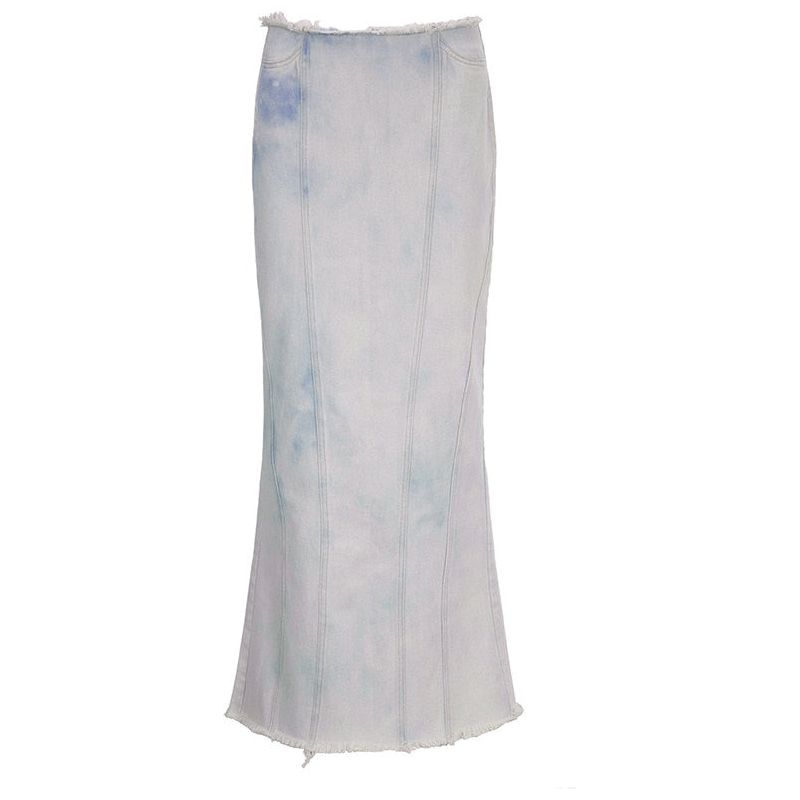 Women's Tie-Dye Low Waist Blue Jean Y2k Streetwear Back Slit Grunge Maxi Skirts