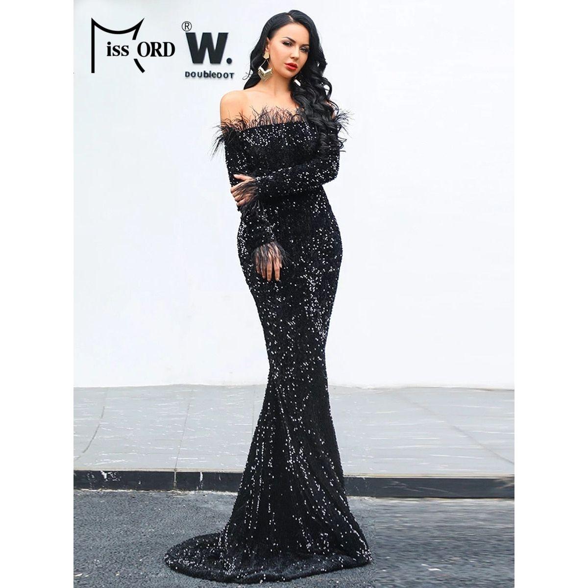 Missord Sexy Off Shoulder Feather Long Sleeve Sequin Dress Elegant Eve Frimunt Clothing Co. Missord Sexy Off Shoulder Feather Long Sleeve Sequin Dress Elegant Eve Frimunt Clothing Co.