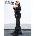 Missord Sexy Off Shoulder Feather Long Sleeve Sequin Dress Elegant Evening Floor Length Reflective Dresses Pure Black - Frimunt Clothing Co.