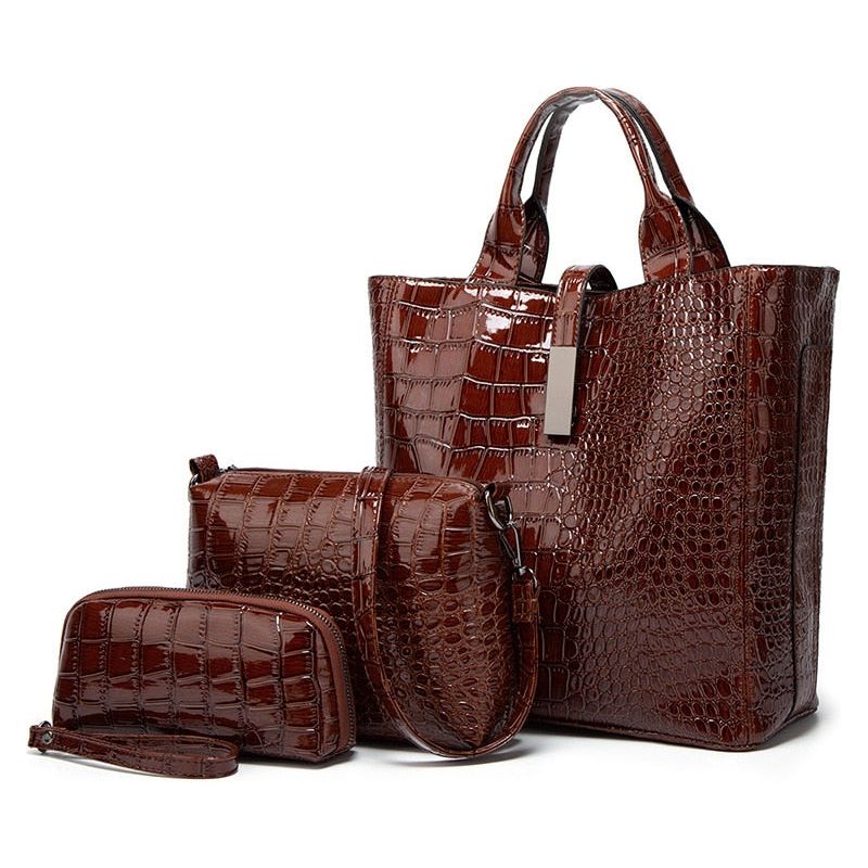 Large Capacity Multi-Functional Handbags 3 Piece Set Croco Pattern Eco Leather