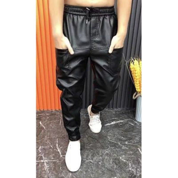 Men's Eco Leather Elastic Waist Faux Leather Joggers Pants Zipper Pockets Black