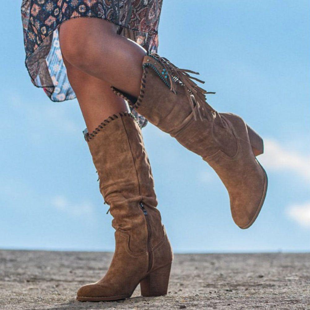 Western Cowboy Boots For Women Faux Suede Mid-Calf Side Fringe - Frimunt Clothing Co.