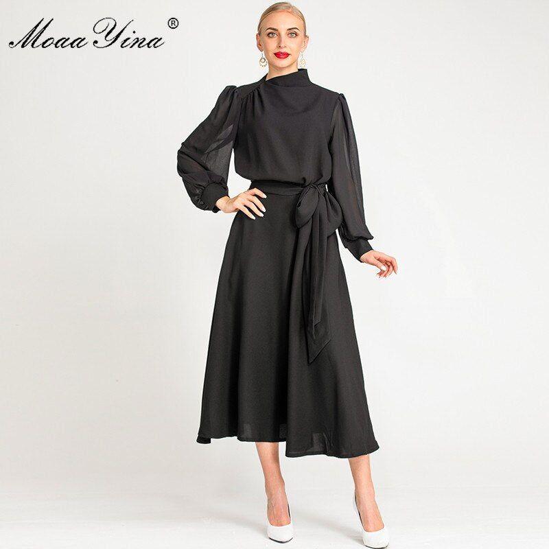 New Arrival Women's Chiffon Dress Diagonal Collar Lantern Sleeve Loose Lace-up - Frimunt Clothing Co.