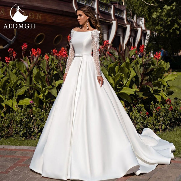 Eloise A-Line Elegant Satin Wedding Dress Lace Beaded Long Sleeve - Frimunt Clothing Co.
