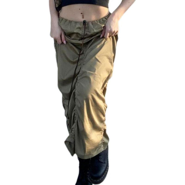 Women's Solid Color Adjustable Elastic Drawstring Ruched Low Waist Long Skirt - Frimunt Clothing Co.