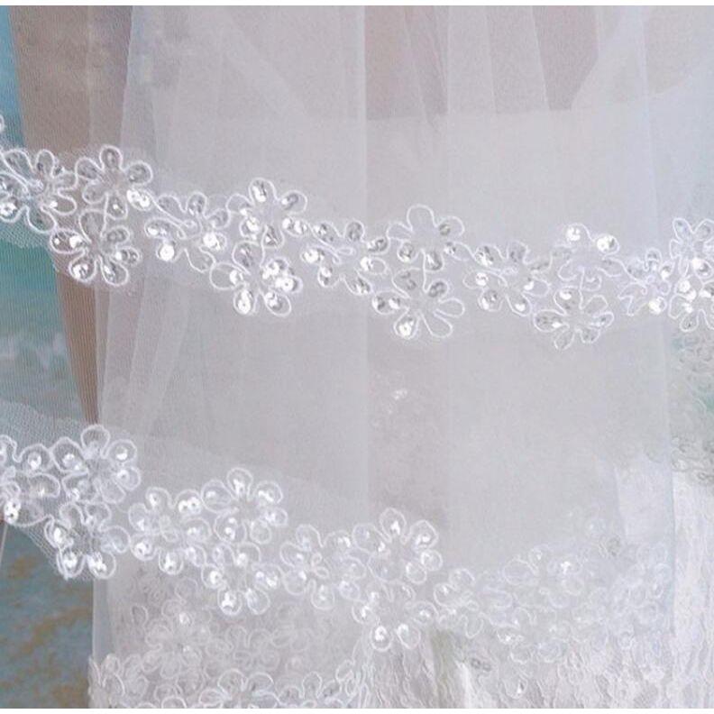 White Lace Edge White Tulle Short Bridal Wedding Veils One Tier Sequined 120cm - Frimunt Clothing Co.