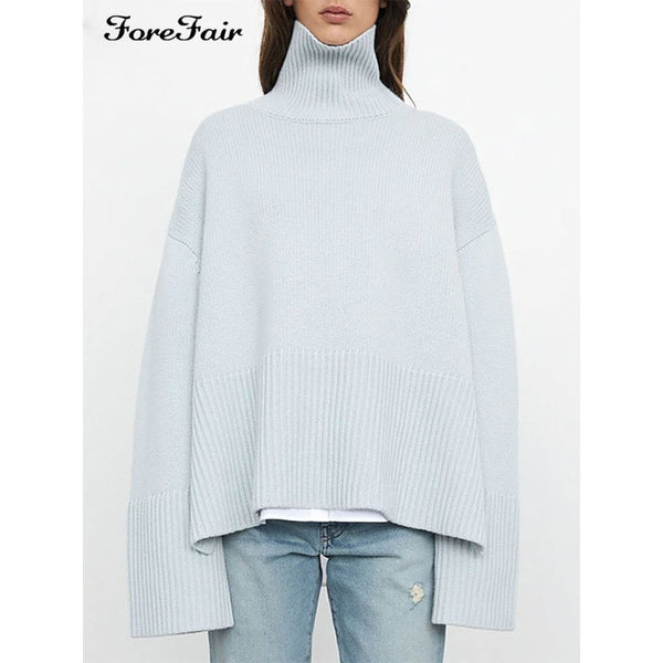 Women's Oversized Knitted Turtleneck Long Sleeve Striped Sweater