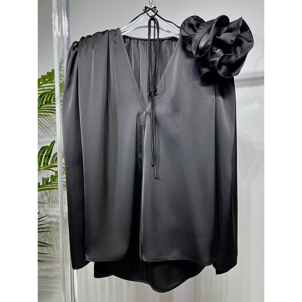 Women's Large Flower Applique Loose Satin Blouse V Neck Long Sleeve Vintage Fashion - Frimunt Clothing Co.