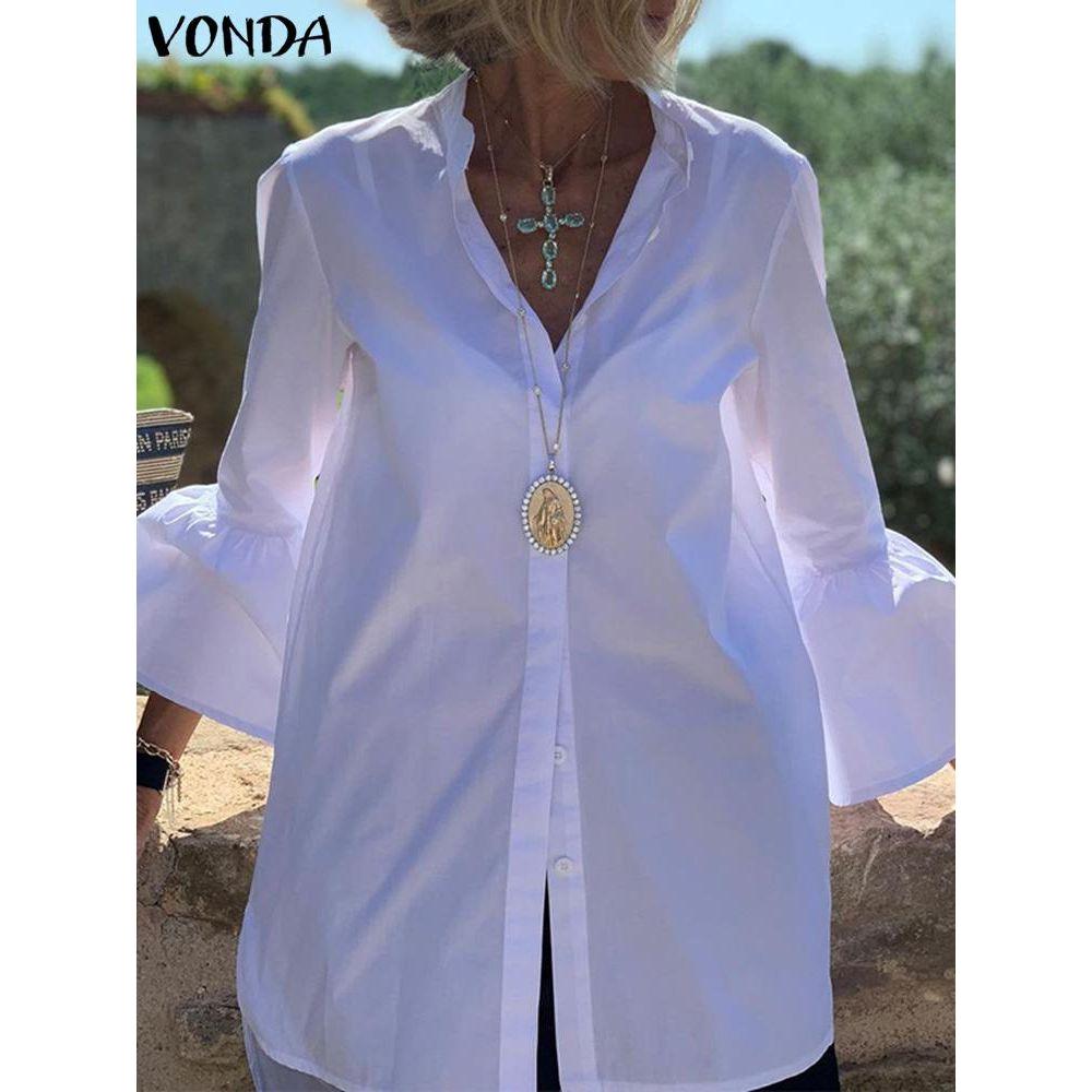 Women's Solid Color Button Up Flare Sleeve Shirts Sexy V Neck Stand Up Collar - Frimunt Clothing Co.