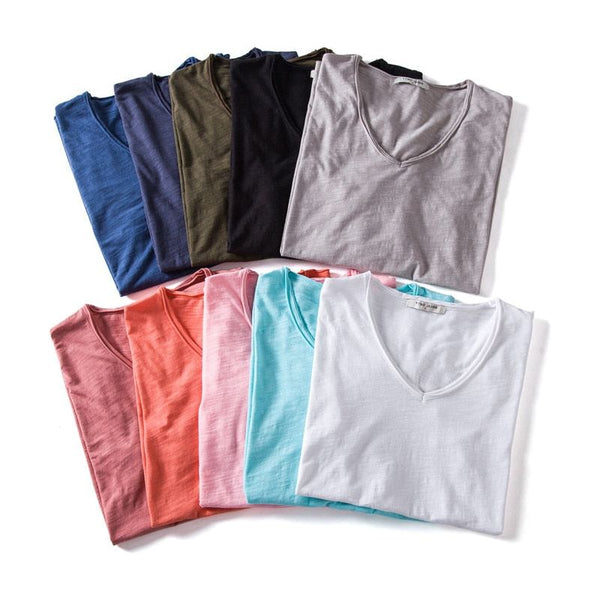Men's T-Shirts Set 3PCS 100% Cotton Solid Colors Casual V-Neck Short Sleeve Soft Feel High Quality Tees