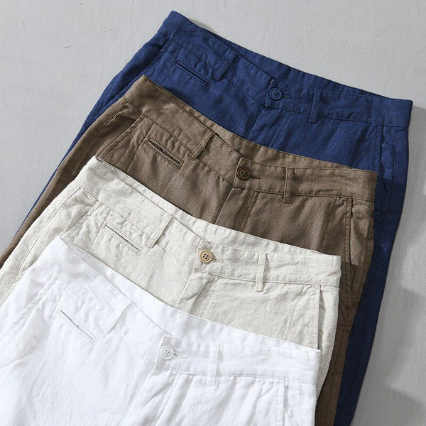 New Summer Men's Linen Shorts Casual Solid Colors Comfortable Straight Cut Button100% Linen L8216 - Frimunt Clothing Co.
