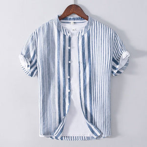 Casual Blue Striped Men's Short Sleeve Linen High Quality Shirt Summer Fashion L540