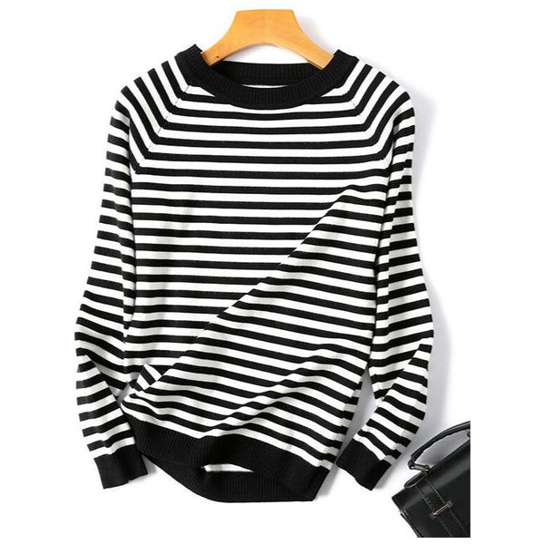 Women's Spring Autumn Long Sleeve Striped Knitted O-Neck Pullover Sweater - Frimunt Clothing Co.