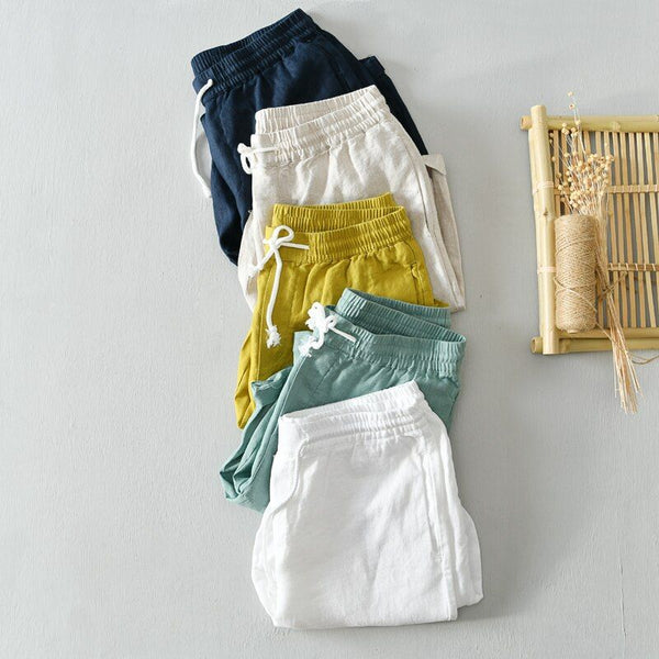 Summer Men's Casual Solid 100% Linen Comfortable Elastic Waist Shorts Bermuda Breathable 0806 - Frimunt Clothing Co.