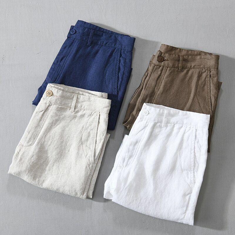 New Summer Men's Linen Shorts Casual Solid Colors Comfortable Straight Cut Button100% Linen L8216 - Frimunt Clothing Co.