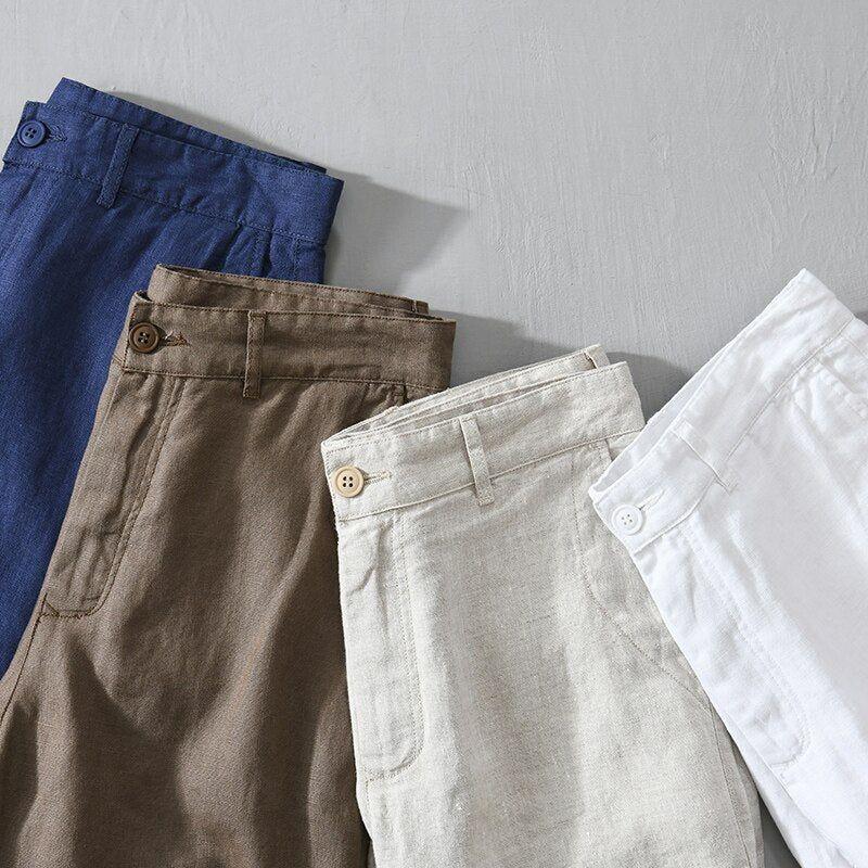 New Summer Men's Linen Shorts Casual Solid Colors Comfortable Straight Cut Button100% Linen L8216 - Frimunt Clothing Co.