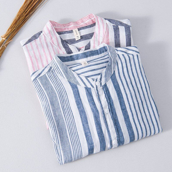 Casual Blue Striped Men's Short Sleeve Linen High Quality Shirt Summer Fashion L540