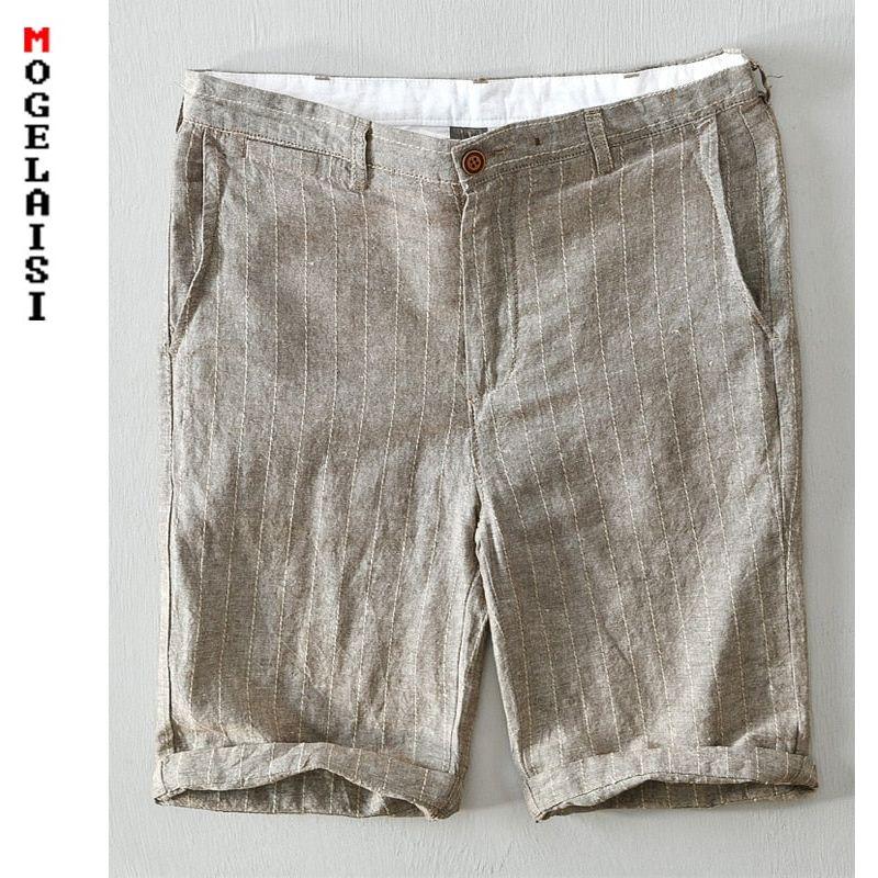New Casual Men's Shorts Summer Linen Stripe High Quality Gray Linen Breathable Side Pocket Bermudas 8108 - Frimunt Clothing Co.