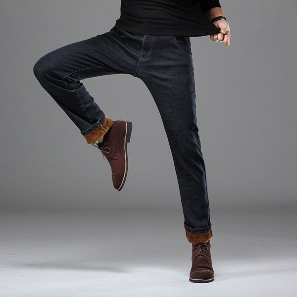 Plus Size 42 44 46 Men's Winter Warm Jeans Regular Fit Stretch Fleece Thick, Black, Blue - Frimunt Clothing Co.