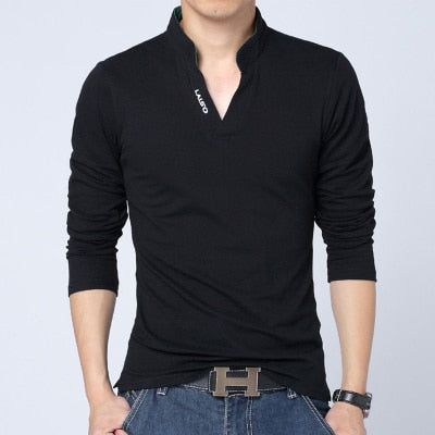 Men Cotton Long Sleeve T-Shirt Solid Colors Mandarin Collar - Frimunt Clothing Co.