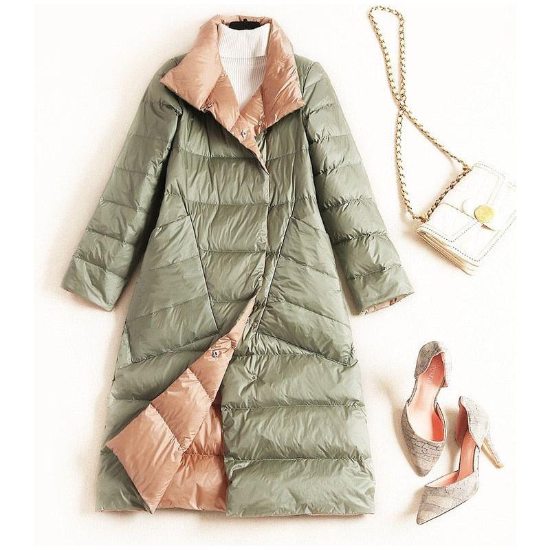 Women's Ultra Light Long Jacket Winter Double Sided Slim White Duck Down Coat Single Breasted - Frimunt Clothing Co.
