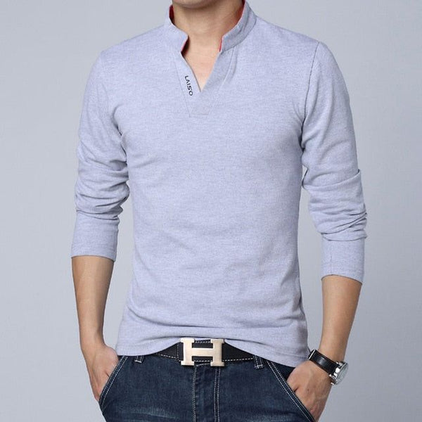 Men Cotton Long Sleeve T-Shirt Solid Colors Mandarin Collar