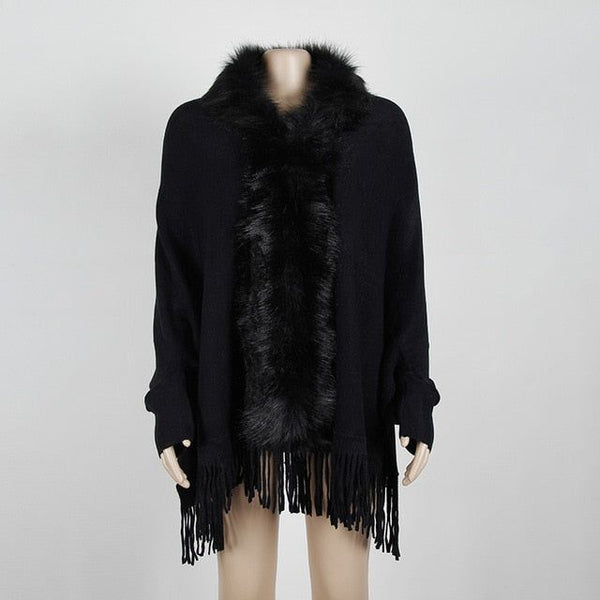 LOGAMI Faux Fur Collar Cardigan Poncho Tassel Solid Coat  Women Casual Loose Shawl - Frimunt Clothing Co.