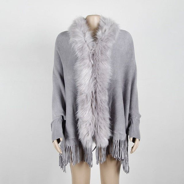 LOGAMI Faux Fur Collar Cardigan Poncho Tassel Solid Coat  Women Casual Loose Shawl - Frimunt Clothing Co.