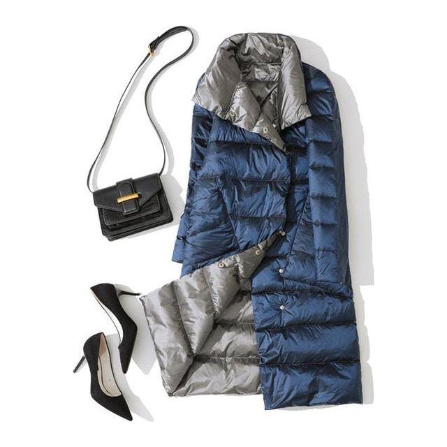 Women's Ultra Light Long Jacket Winter Double Sided Slim White Duck Down Coat Single Breasted - Frimunt Clothing Co.