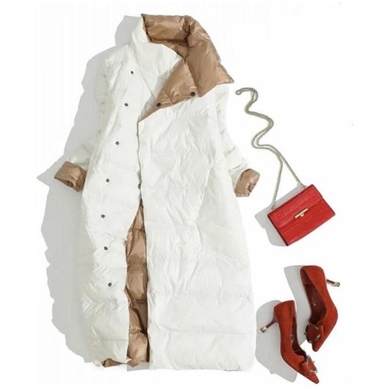 Women's Ultra Light Long Jacket Winter Double Sided Slim White Duck Down Coat Single Breasted - Frimunt Clothing Co.