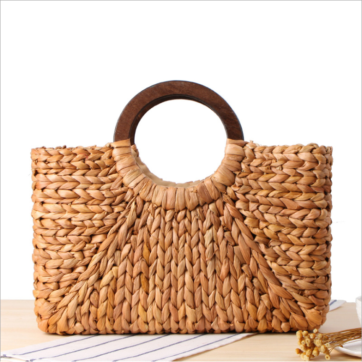 Women's Natural Hand-Woven Corn Husk With Wood Handle Beach Bag Large Capacity Basket Boho - Frimunt Clothing Co.
