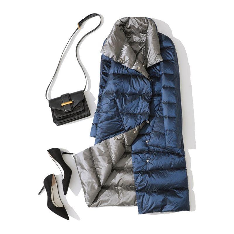 Women's Ultra Light Long Jacket Winter Double Sided Slim White Duck Down Coat Single Breasted - Frimunt Clothing Co.