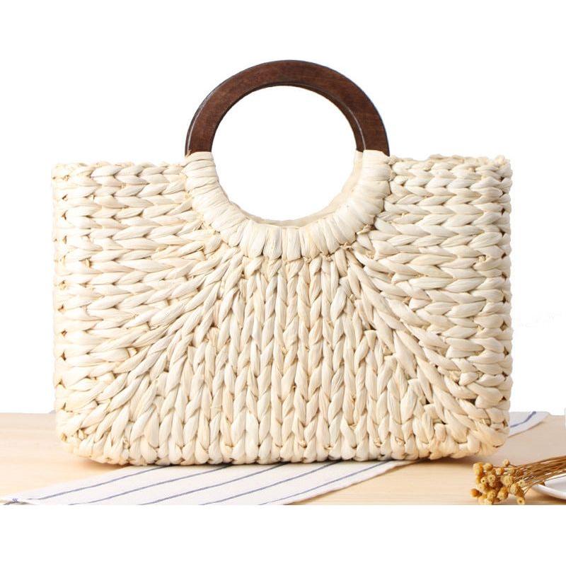 Women's Natural Hand-Woven Corn Husk With Wood Handle Beach Bag Large Capacity Basket Boho - Frimunt Clothing Co.