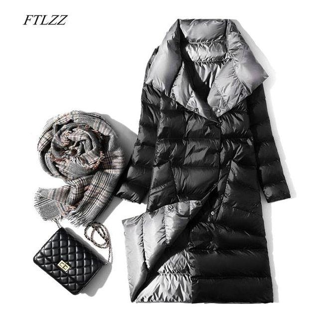 Women's Ultra Light Long Jacket Winter Double Sided Slim White Duck Down Coat Single Breasted - Frimunt Clothing Co.