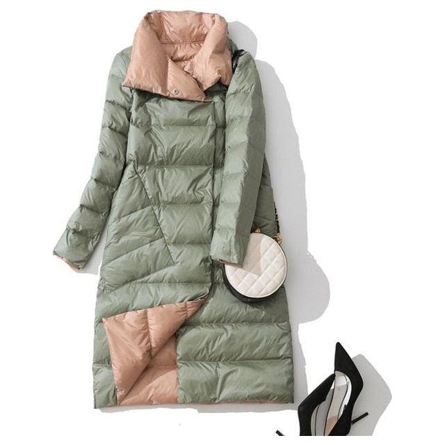 Women's Ultra Light Long Jacket Winter Double Sided Slim White Duck Down Coat Single Breasted - Frimunt Clothing Co.
