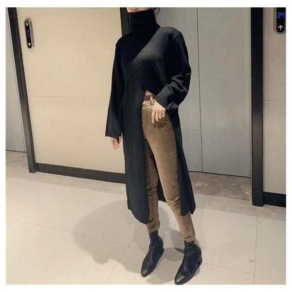 Women's Turtleneck Pullover Sweater Long Sleeve Loose Knit Front Split Solid