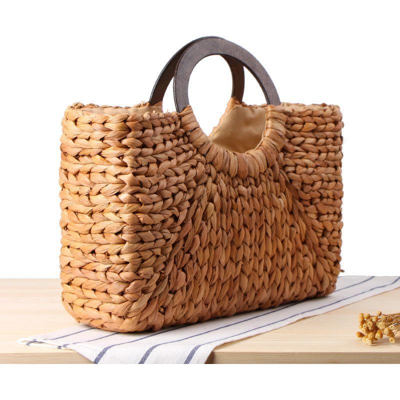 Women's Natural Hand-Woven Corn Husk With Wood Handle Beach Bag Large Capacity Basket Boho - Frimunt Clothing Co.