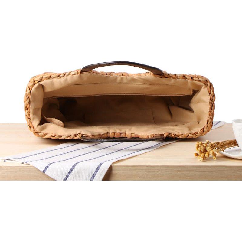 Women's Natural Hand-Woven Corn Husk With Wood Handle Beach Bag Large Capacity Basket Boho - Frimunt Clothing Co.