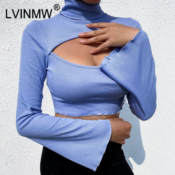 Women's Casual Knit High Neck Hollow Out Flare Sleeve Crop Spring Autumn Streetwear Tops