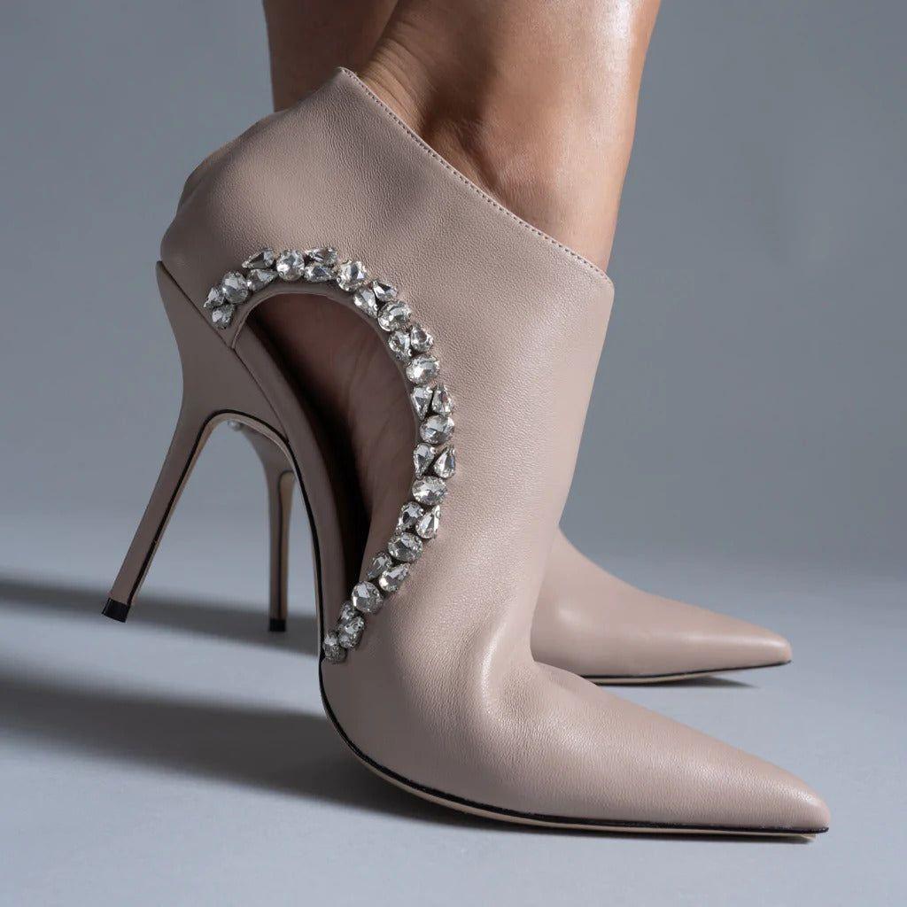 Sexy Pointed Toe Crystal Hollow Out Ankle Boots Solid Leather Back Zipper Thin High Heel Designer Pumps - Frimunt Clothing Co.