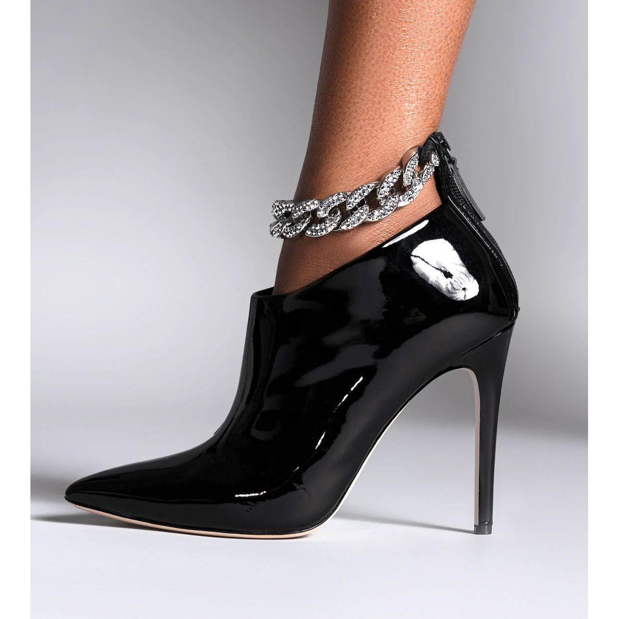 Women's Chain Decoration Ankle Boots Back Zipper Stiletto Heels Black Patent Leather & Suede Styles - Frimunt Clothing Co.