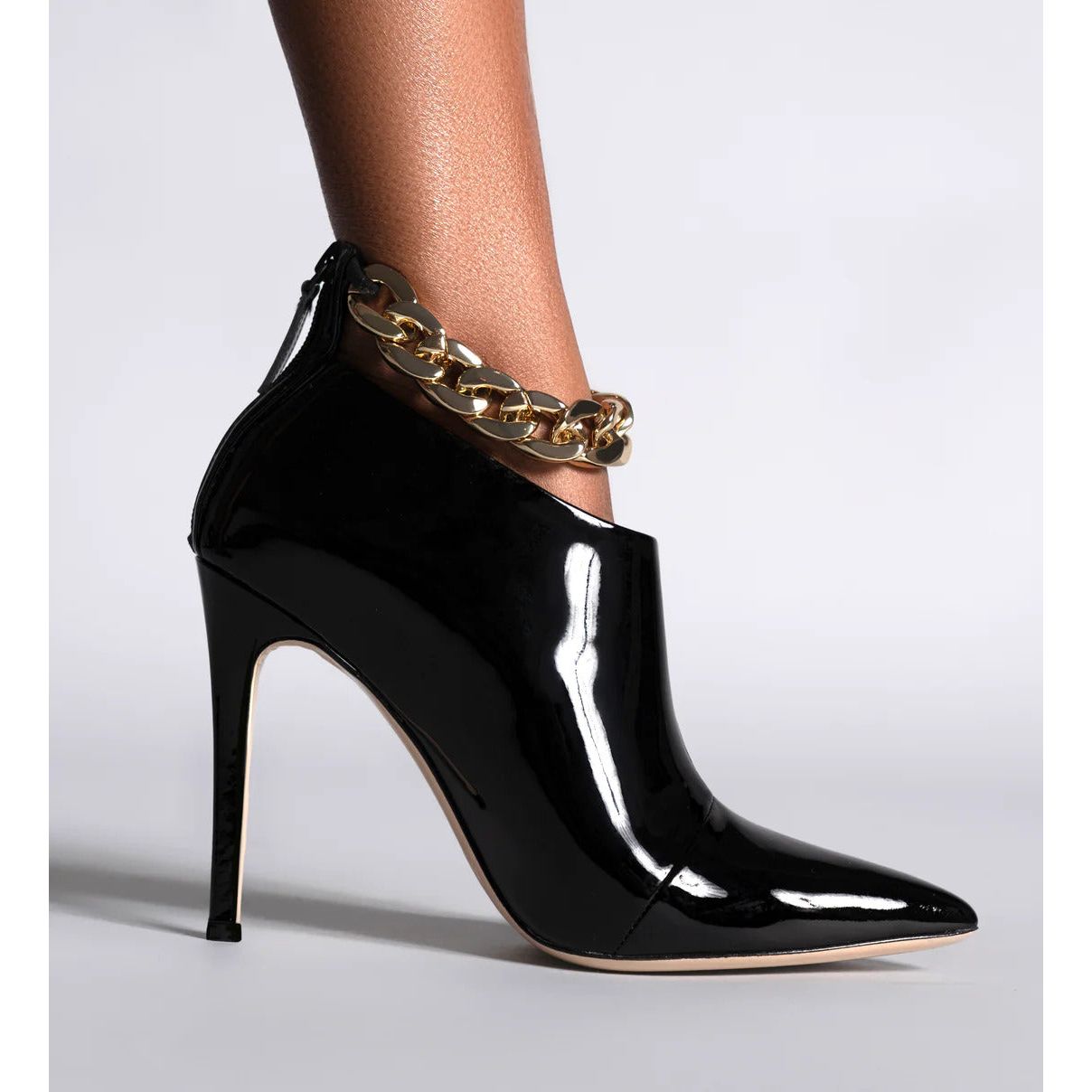 Women's Chain Decoration Ankle Boots Back Zipper Stiletto Heels Black Patent Leather & Suede Styles - Frimunt Clothing Co.