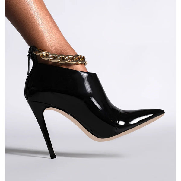 Women's Chain Decoration Ankle Boots Back Zipper Stiletto Heels Black Patent Leather & Suede Styles - Frimunt Clothing Co.