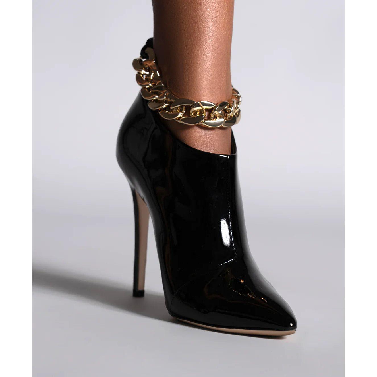 Women's Chain Decoration Ankle Boots Back Zipper Stiletto Heels Black Patent Leather & Suede Styles - Frimunt Clothing Co.