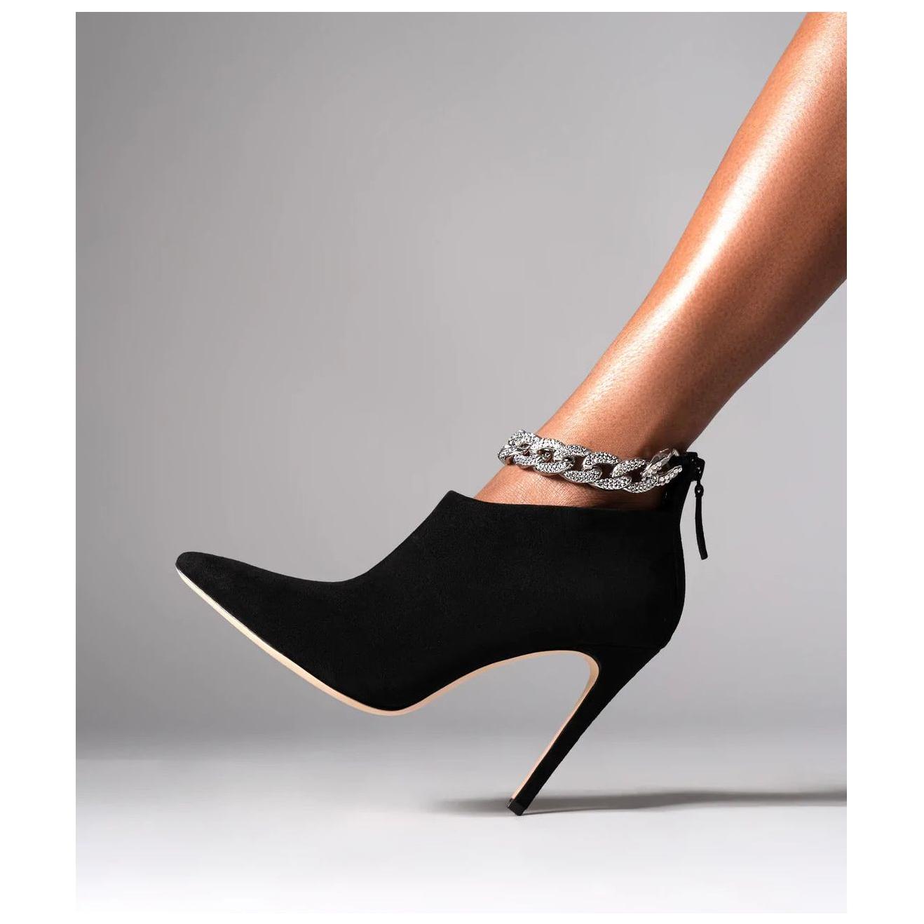 Women's Chain Decoration Ankle Boots Back Zipper Stiletto Heels Black Patent Leather & Suede Styles - Frimunt Clothing Co.